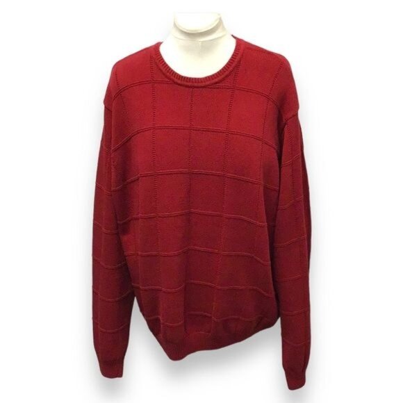 IZOD Mens Crewneck Knit Pullover Sweater Vintage 90s Chunky Cotton Grid Red XXL - Picture 1 of 9